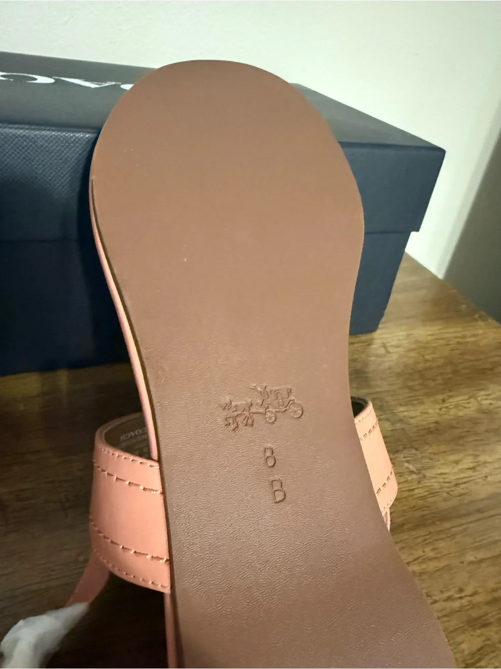 Coach Coral-Peach Leather T-Strap Sandal with Silver Buckle